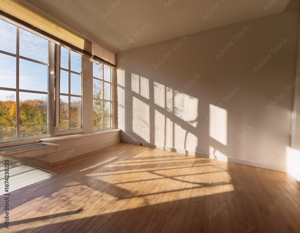 Obraz premium sunlit empty room with large windows and shadow patterns on the wall