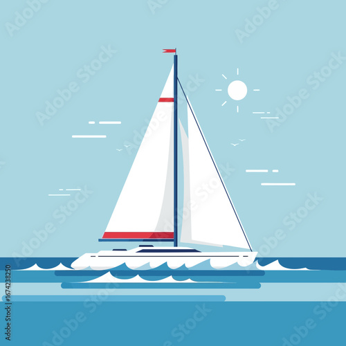Sailboat glides across blue water under a sunny sky.