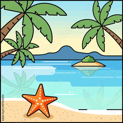 Tropical beach with palm trees ocean and starfish
