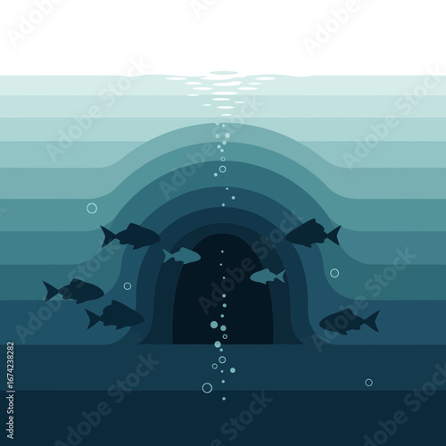 Underwater scene with fish swimming towards a dark tunnel entrance.