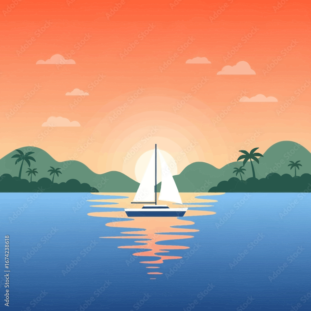 Naklejka premium Sailboat on calm water with tropical islands at sunset.