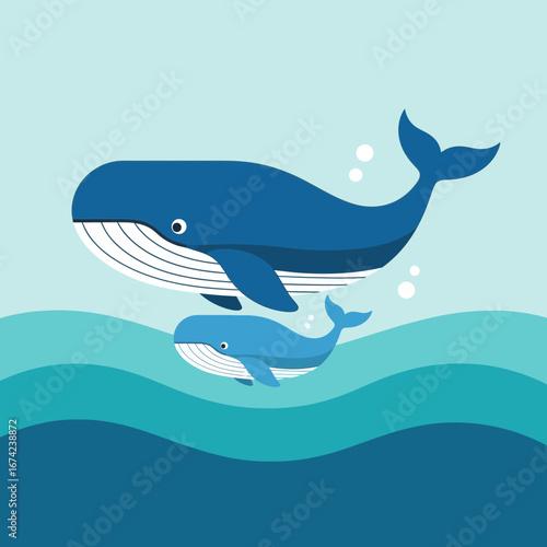 Two blue whales swim in the ocean with bubbles.