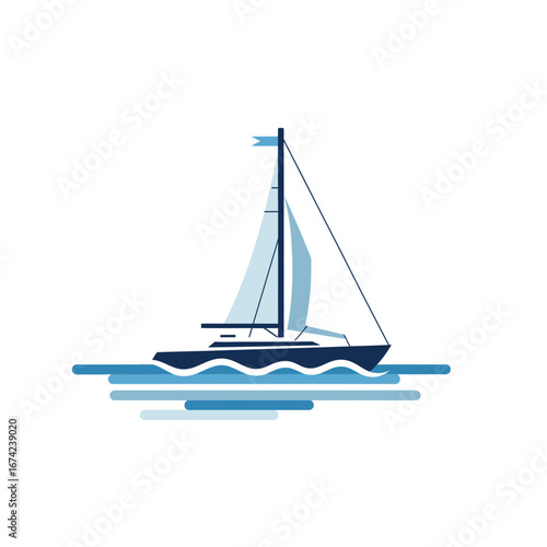 A sailboat glides across blue water with white sails.