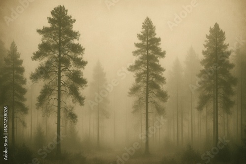 Ethereal pine forest shrouded in morning mist with vintage sepia tones creating nostalgic atmosphere
