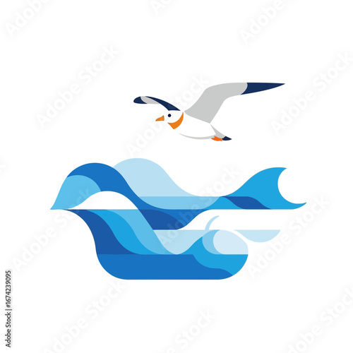 A seagull flies above stylized blue ocean waves.