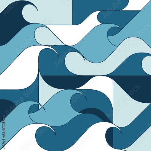 Abstract pattern of stylized blue and white ocean waves.