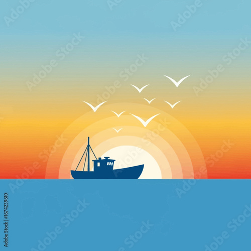 Boat on the sea at sunset with birds flying