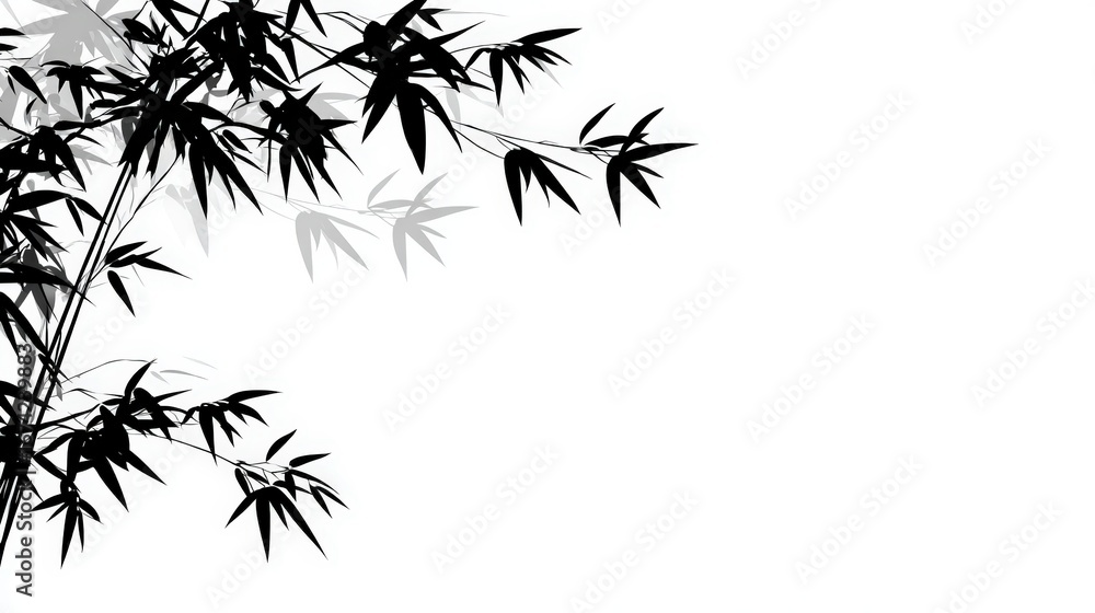 Naklejka premium black bamboo leaves and branches, a serene Asian ink art design with ample copy space for elegant websites and backgrounds
