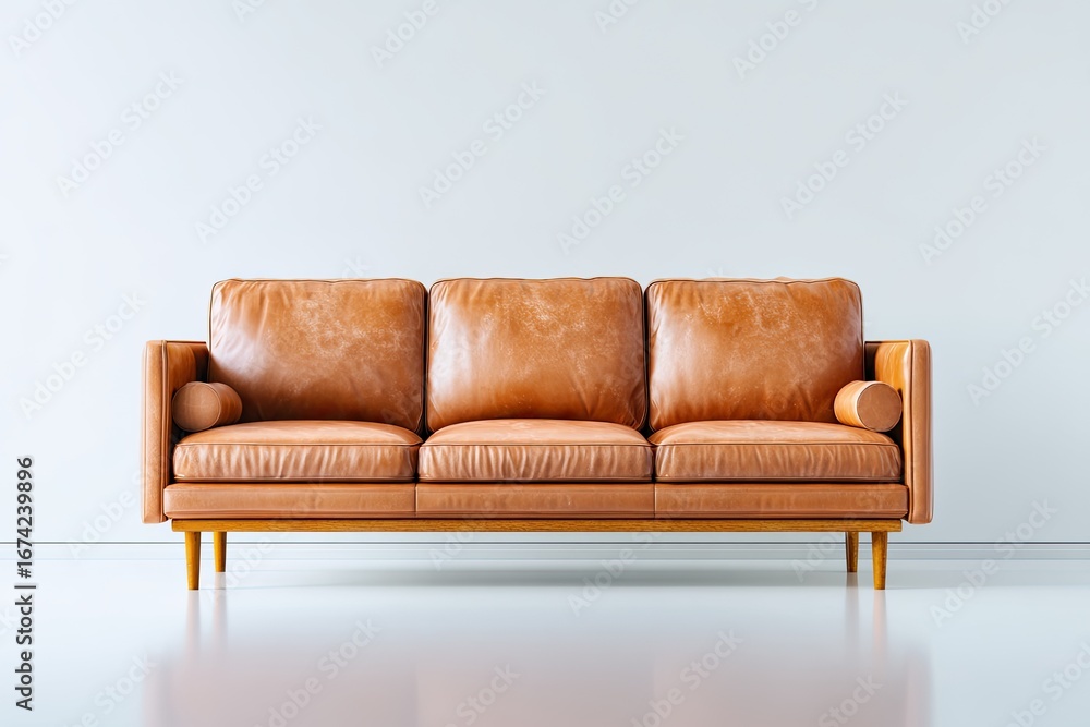 Fototapeta premium Light beige leather couch against a plain white wall