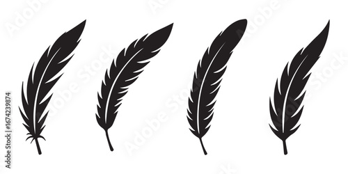 Feather icon set. Bird feather silhouette symbol. Plumelet collection isolated. Vector illustration.