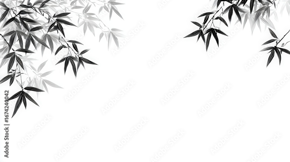 Naklejka premium Elegant monochrome illustration featuring stylized bamboo branches with detailed leaves, set against a clean white background.
