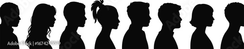 Human head silhouettes, male and female profiles, black and white contrast, avatar design, hairstyle variation, gender diversity, icon creation, minimal style