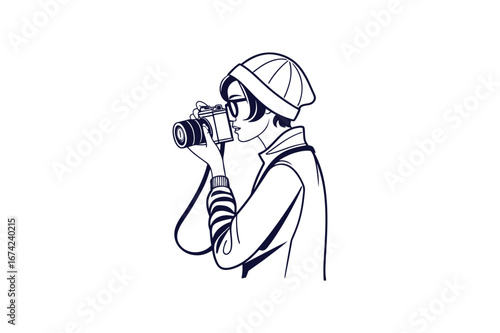 beautiful photographer girl outline clip art silhouette vector illustration on white background