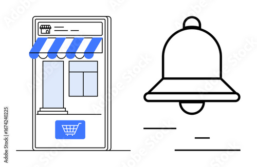 Digital storefront with shop awning and shopping cart button beside a ringing notification bell. Ideal for e-commerce, online shopping, retail updates, notifications, promotions, customer engagement