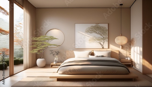 minimalist japanese inspired bedroom in beige tone with minimal decor and soft lighting contemporary real estate interior design composition