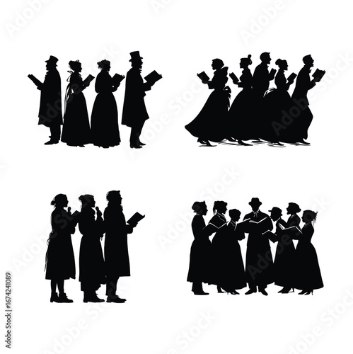 Silhouette depictions of victorian era carolers singing from books in various group formations and poses