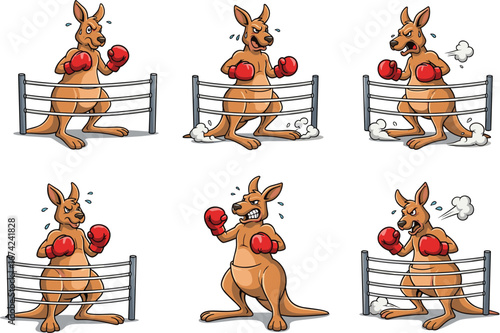 PrintCartoon boxing kangaroo character in red gloves inside ring, sports mascot animal illustration, fighting poses, training actions, competitive match scenes