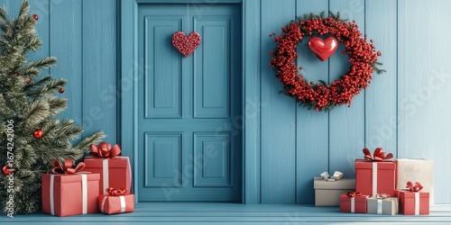 Cozy Holiday Decor on blue door With Heart Wreath. 