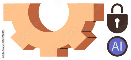 Gear-shaped object beside a padlock and AI circle, symbolizing innovation, cybersecurity, automation, and technology. Ideal for AI security, system design, industry, teamwork futuristic concepts IT