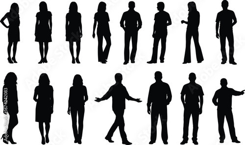Silhouetted people standing, casual and semi-formal attire, diverse poses, body language, fashion reference, character modeling, gesture study, digital design