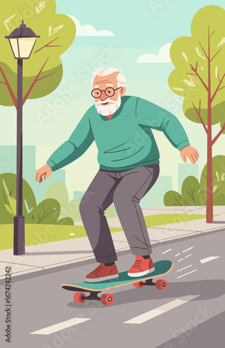 Elderly man skateboarding joyfully on a sunny park pathway
