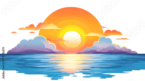 Vibrant sunset over calm ocean nature scene graphic illustration serene atmosphere