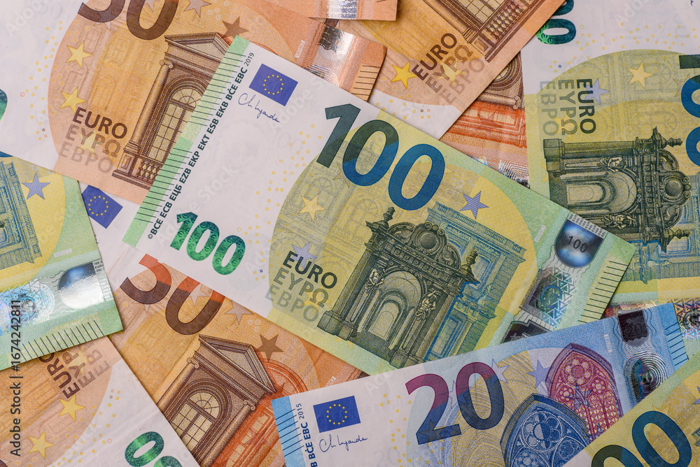 Obraz premium Cash money, euro paper banknotes for business transactions, financial background. Euro banknotes