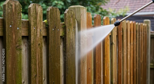 Power washing cleaning transforming a weathered wooden fence to its original beauty