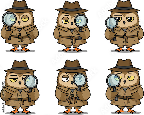 PrintCartoon detective owl mascot in brown trench coat and fedora hat holding magnifying glass, mystery investigation character set illustration