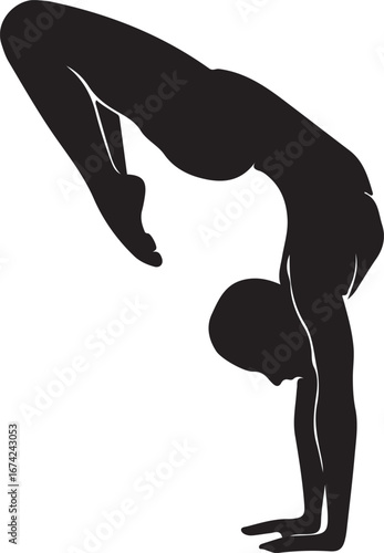 Silhouette of a person in a handstand scorpion pose
