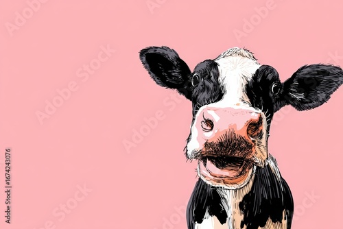 Whimsical and funny digital illustration of a smiling black and white cow on a pastel pink background, ideal for playful branding and marketing
