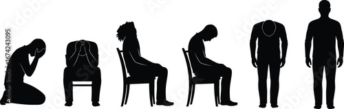 Emotional posture silhouette vector set, progression from distress to recovery, grief, sadness, depression, mental health awareness illustration collection