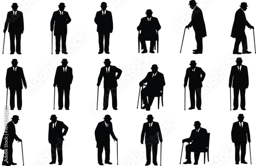 Men in suits and hats with canes silhouette vector set, vintage gentleman poses, formal attire, classic style illustration collection