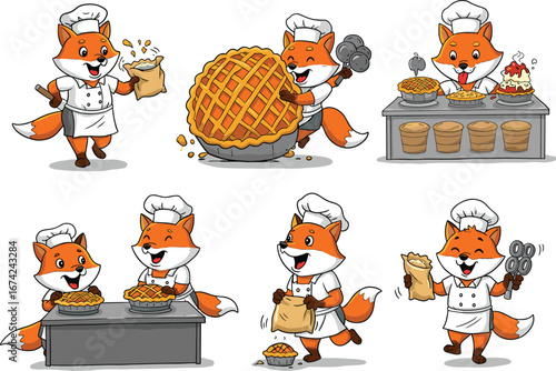 PrintCartoon fox chef baking pies and desserts with playful expressions, anthropomorphic animal cooking scenes, whimsical kitchen activities, culinary vector illustration collection