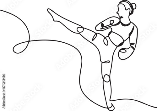 Boxer one line drawing girl fighter kick training continuous hand drawn vector illustration strong woman kickboxing sketch fitness exercise
