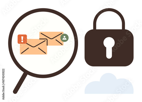 Magnifying glass examining emails with alert icon, user symbol, padlock, and cloud. Ideal for cybersecurity, data protection, email safety, spam detection, privacy concerns encryption phishing
