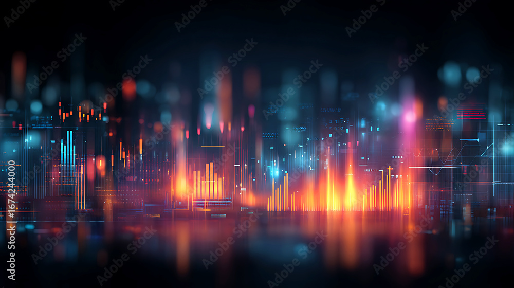 Fototapeta premium Abstract cityscape with neon lights and reflections