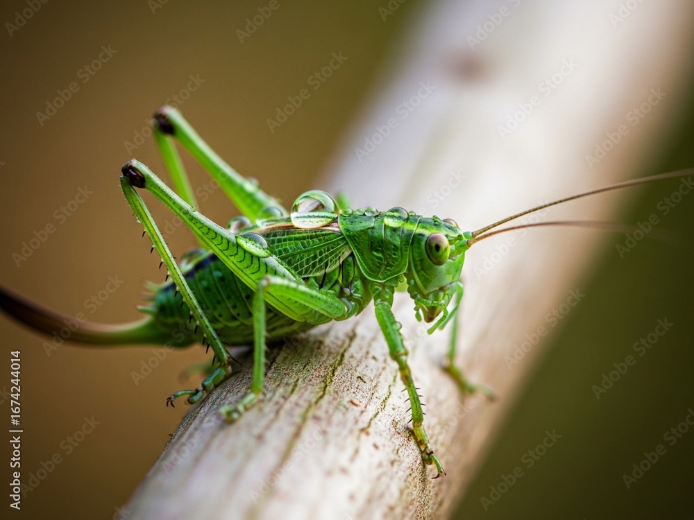Fototapeta premium close up view of green grasshopper on wood