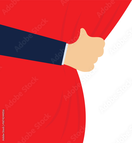 Businessman hands pull rope red cloth. Grand opening concept. Vector illustration flat design. Isolated on white background. Ceremony, celebration, presentation and event.

