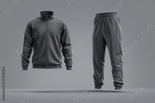 Dark gray track suit, jacket and pants, isolated on gray