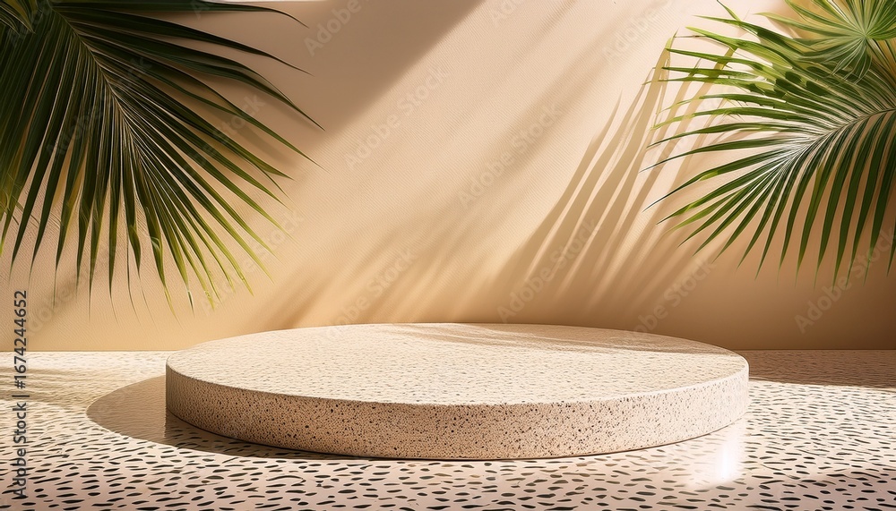 Obraz premium beige terrazzo platform with palm leaves and sunlight shadows