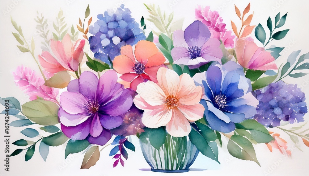 Obraz premium this is a beautiful watercolor flower bouquet the flowers are in shades of pink purple and blue they are arranged in a vase with green leaves and stems the background is white