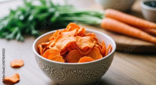 Carrot chips in bowl with fresh carrots and greens on a wood table