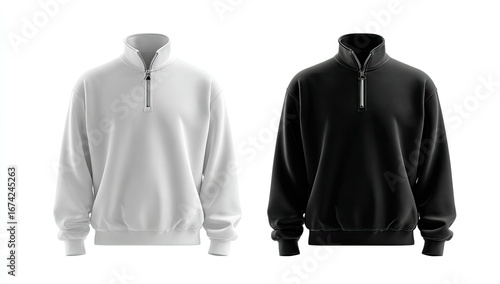 Two quarter-zip sweatshirts, one white and one black, displayed against a plain white background.  Each sweatshirt features a relaxed fit, long sleeves, and a classic quarter-zip front closure