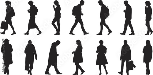 Urban silhouettes, walking people, backpacks, bags, street style, motion, pause, crowd, city life, human shapes, fashion, behavior, diversity, side view, three-quarter view, pedestrian scene