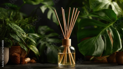 A reed diffuser sits amidst lush, green foliage, creating a tranquil and aromatic atmosphere.