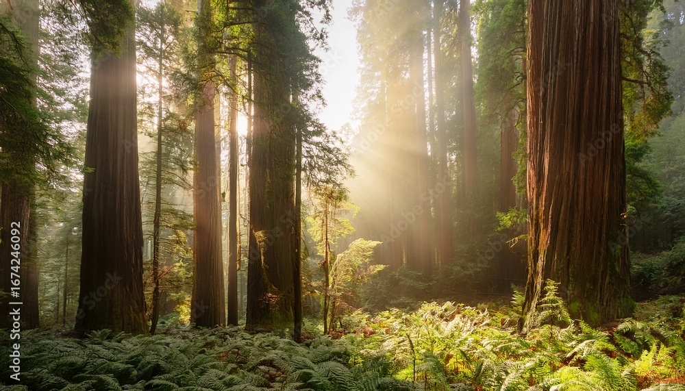 Obraz premium misty morning forest with tall redwood trees sunlight filtering through the canopy creating golden beams realism soft greens and golds peaceful mood