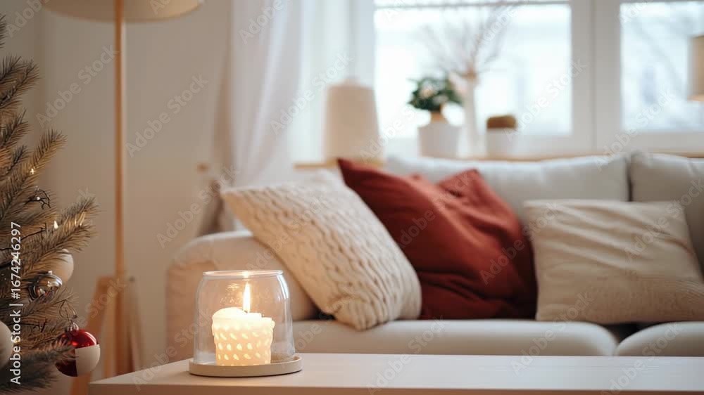 Scandinavian interior adorned with festive elements. Christmas tree, sofa and coffee table on which there is candle. 