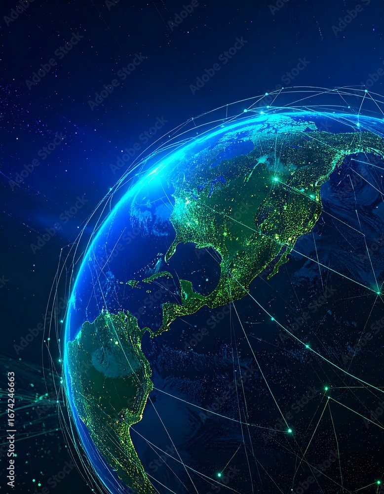 Fototapeta premium A vibrant illustration of the Earth, showcasing global connectivity and illuminated city lights.