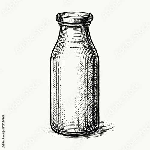 Glass milk bottle engraving hand-drawn black and white vector illustration SVG